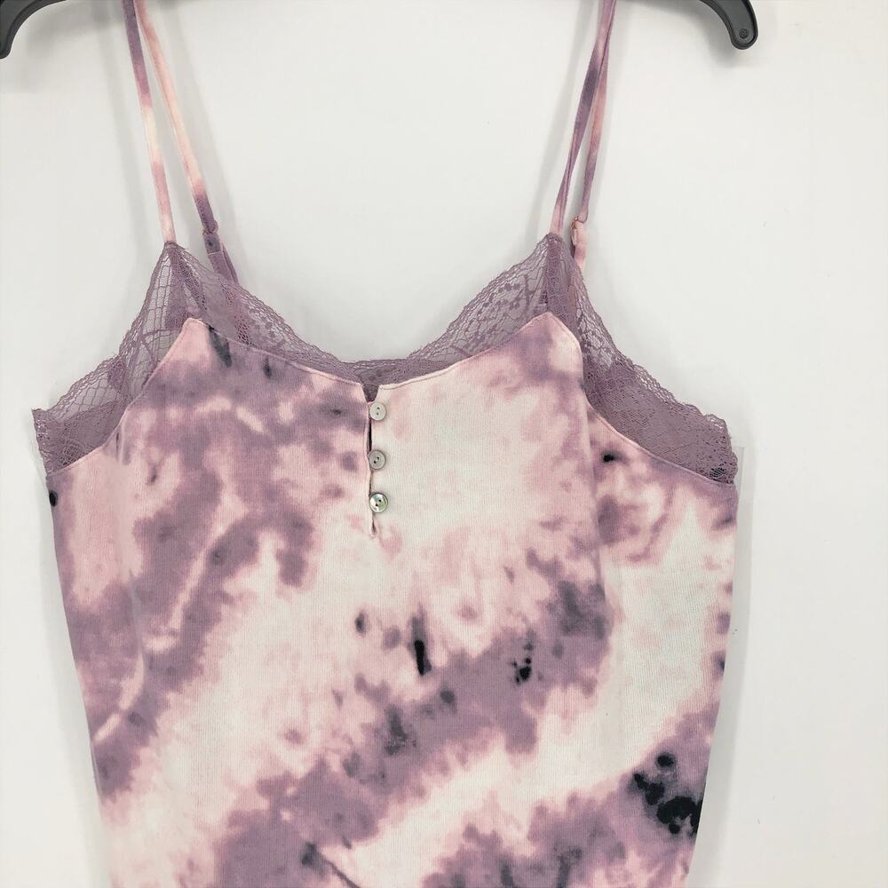MIDNIGHT BAKERY Lace Trim Cami Medium Pink/Purple Tie Dye Satin V-Neck Top NWT - Picture 4 of 11